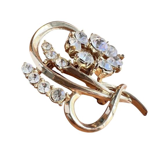 Vtg Coro Flower Brooch Gold Tone Clear Rhinestones Classic Signed Floral Pin Mom - Picture 2 of 12